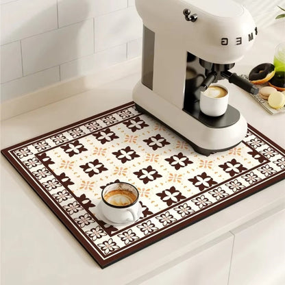 Vintage-Inspired Quick-Dry Kitchen Counter Mat for Coffee Bars, Dish Drying & Sink Areas – Absorbent Non-Slip Rubber Base – Decorative