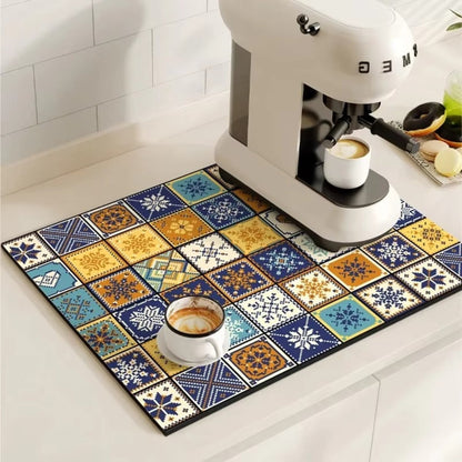 Diatomaceous Earth Drying Mat Kitchen Counter Quick Dry Absorbent Stone Pad for Coffee Bar Dish Sink Drainer Retro Pattern