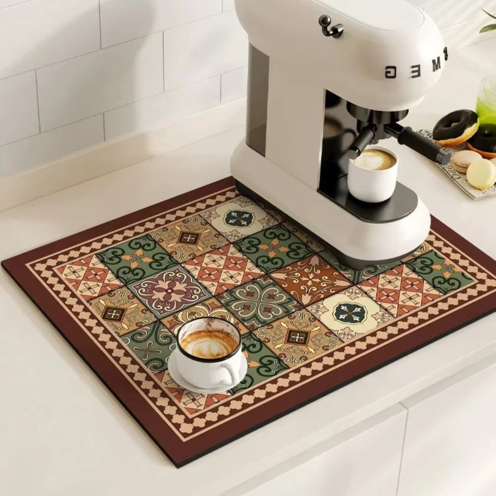 Vintage-Inspired Quick-Dry Kitchen Counter Mat for Coffee Bars, Dish Drying & Sink Areas – Absorbent Non-Slip Rubber Base – Decorative