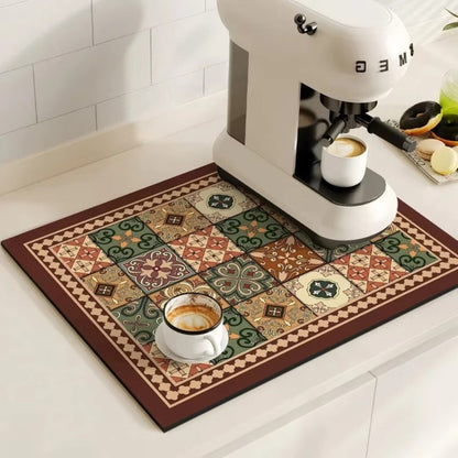 Diatomaceous Earth Drying Mat Kitchen Counter Quick Dry Absorbent Stone Pad for Coffee Bar Dish Sink Drainer Retro Pattern
