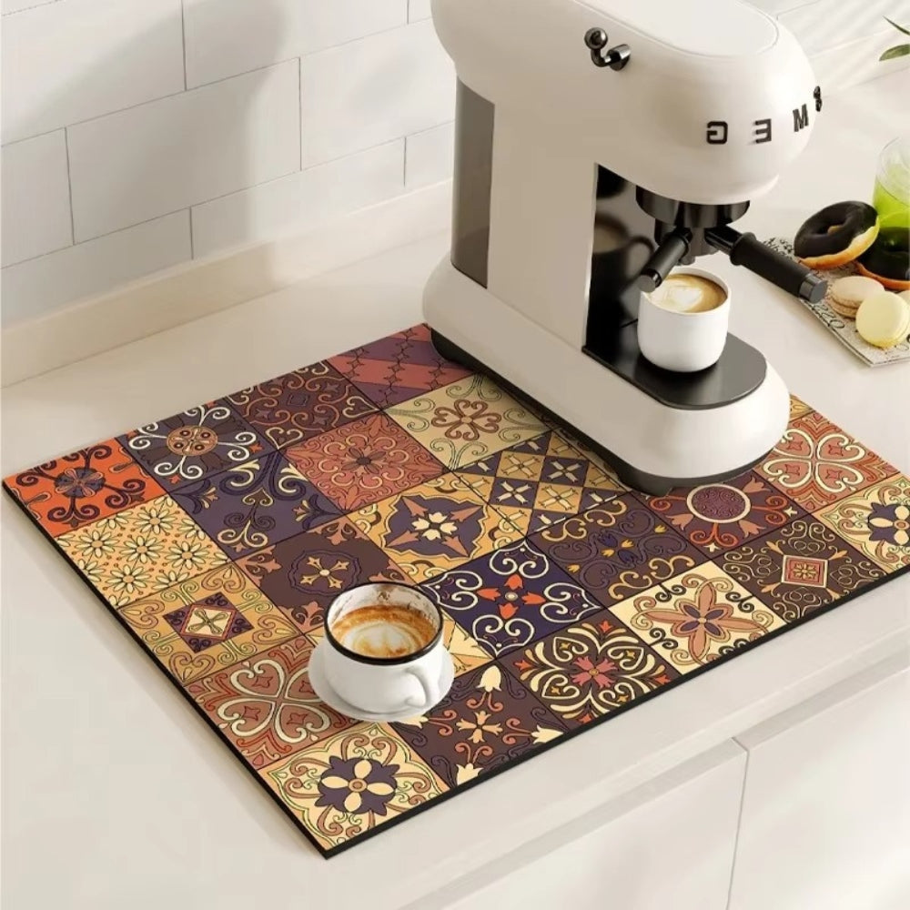 Vintage-Inspired Quick-Dry Kitchen Counter Mat for Coffee Bars, Dish Drying & Sink Areas – Absorbent Non-Slip Rubber Base – Decorative
