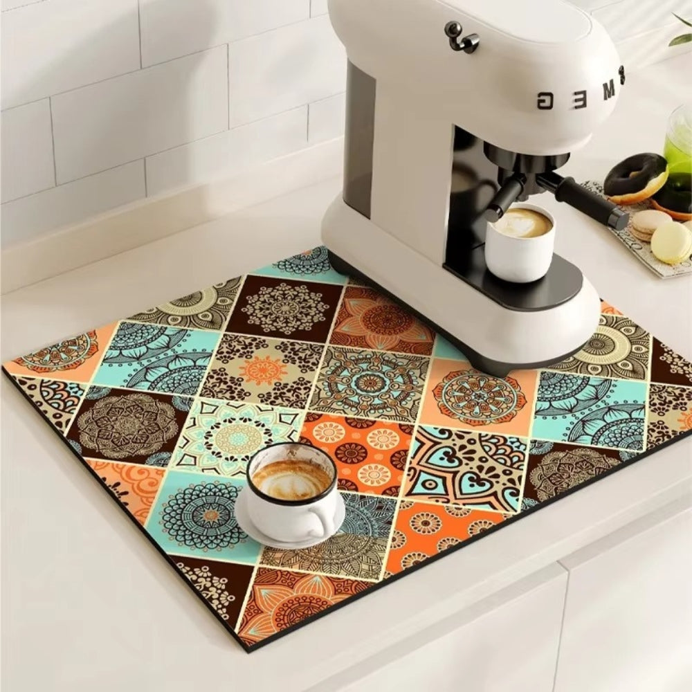 Diatomaceous Earth Drying Mat Kitchen Counter Quick Dry Absorbent Stone Pad for Coffee Bar Dish Sink Drainer Retro Pattern