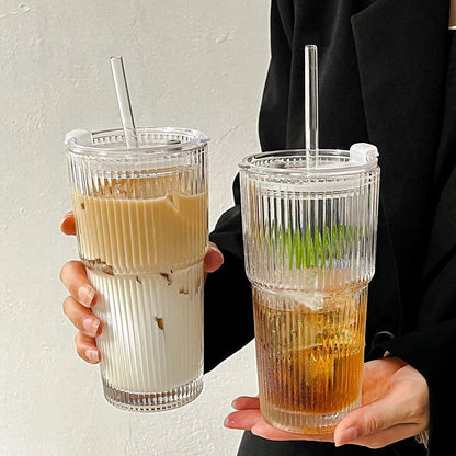 Ribbed Borosilicate Glass To-Go Coffee Cup with Lid and Reusable Straw – Heat-Resistant Iced Coffee and Hot Beverage Drinkware
