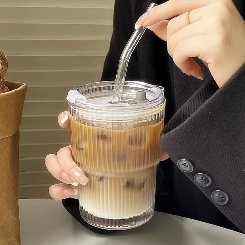 Ribbed Borosilicate Glass To-Go Coffee Cup with Lid and Reusable Straw – Heat-Resistant Iced Coffee and Hot Beverage Drinkware