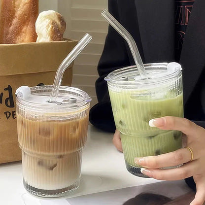 Ribbed Borosilicate Glass To-Go Coffee Cup with Lid and Reusable Straw – Heat-Resistant Iced Coffee and Hot Beverage Drinkware