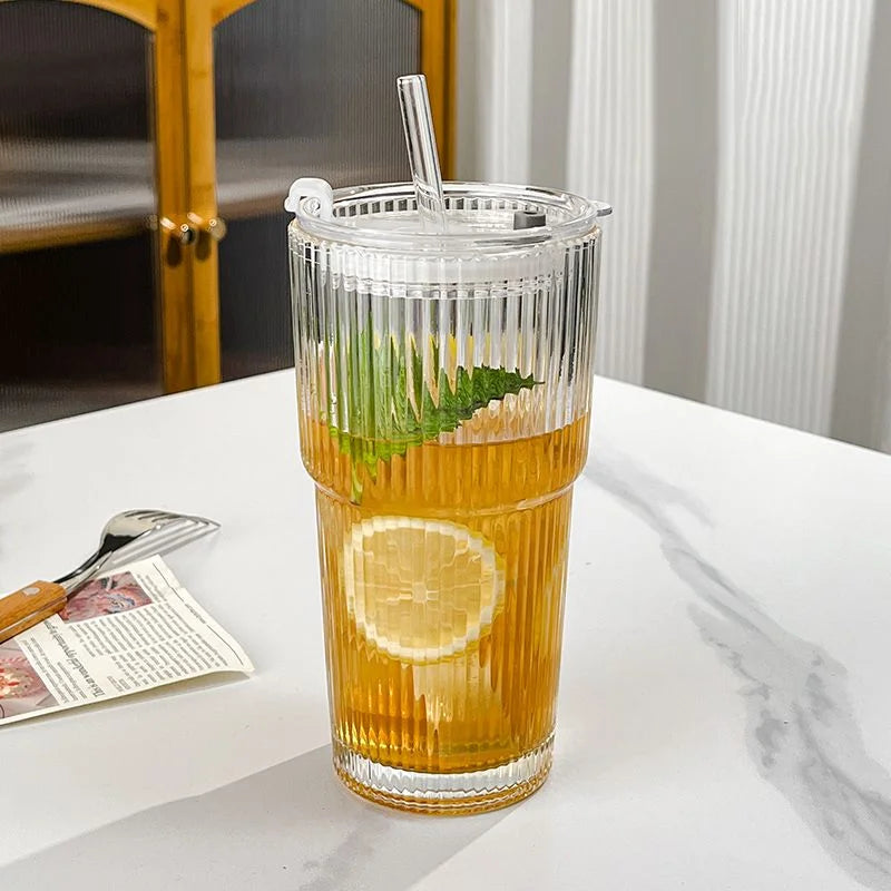 Ribbed Borosilicate Glass To-Go Coffee Cup with Lid and Reusable Straw – Heat-Resistant Iced Coffee and Hot Beverage Drinkware