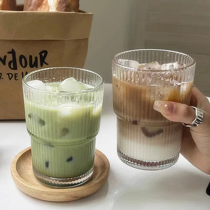 Ribbed Borosilicate Glass To-Go Coffee Cup with Lid and Reusable Straw – Heat-Resistant Iced Coffee and Hot Beverage Drinkware