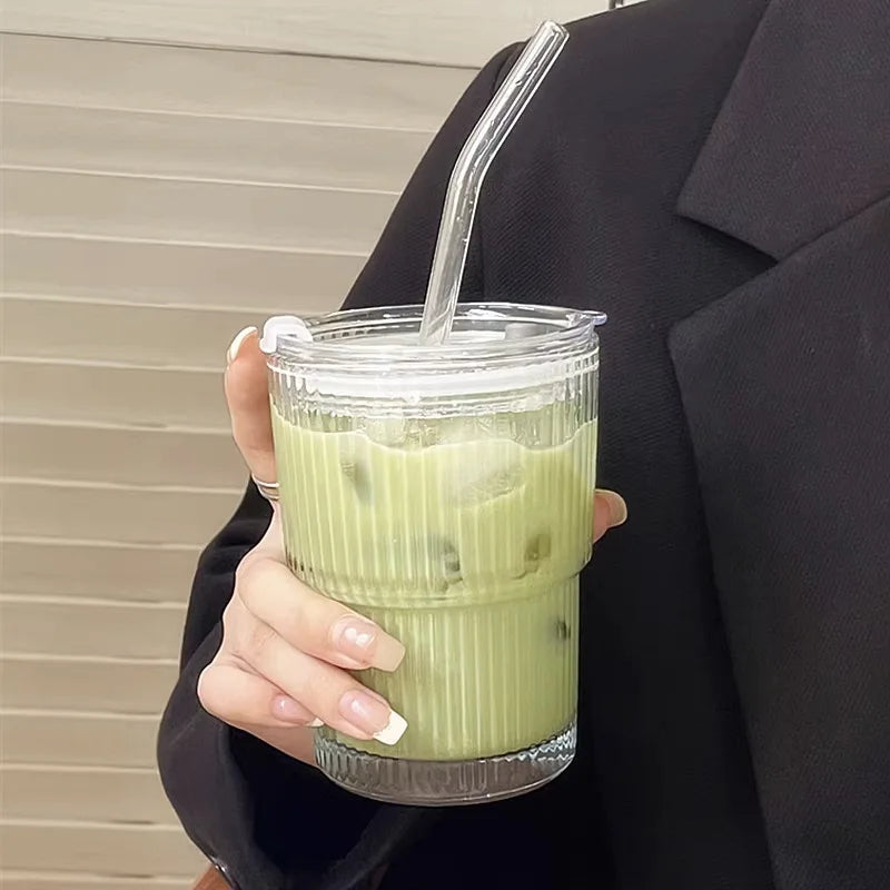 Ribbed Borosilicate Glass To-Go Coffee Cup with Lid and Reusable Straw – Heat-Resistant Iced Coffee and Hot Beverage Drinkware
