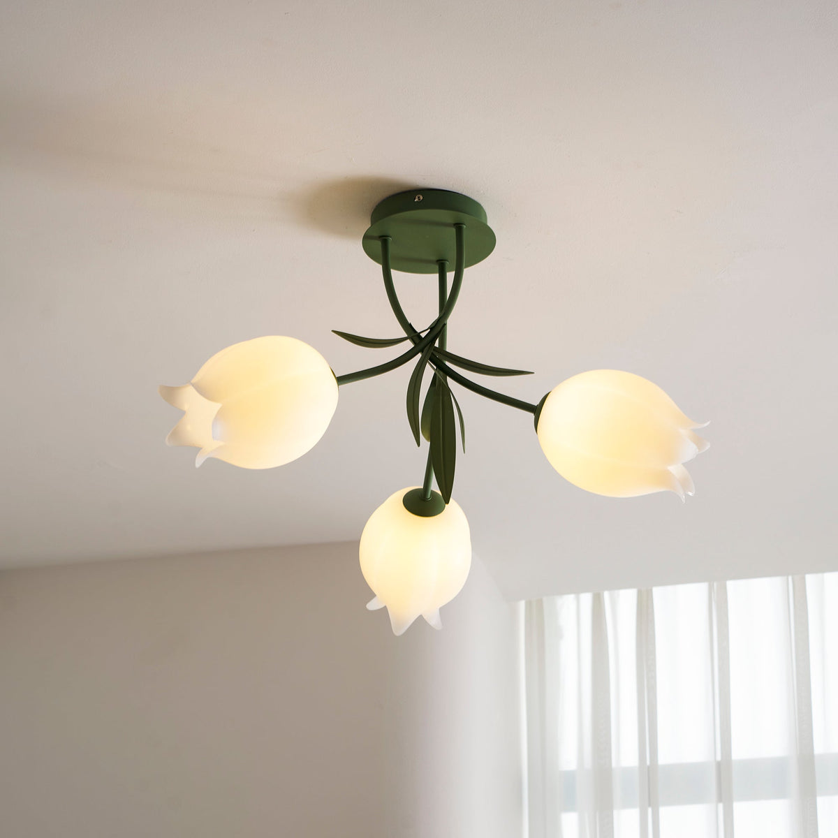 Flush Mount Floral Ceiling Light Fixture with Multi-Head LED Design for Bedroom, Living Room & Bathroom | Green White Acrylic Shades | Dimma