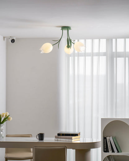 Flush Mount Floral Ceiling Light Fixture with Multi-Head LED Design for Bedroom, Living Room & Bathroom | Green White Acrylic Shades | Dimma
