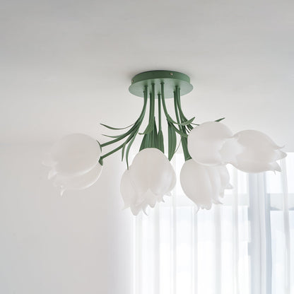 Flush Mount Floral Ceiling Light Fixture with Multi-Head LED Design for Bedroom, Living Room & Bathroom | Green White Acrylic Shades | Dimma