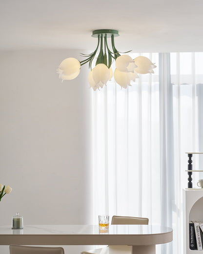 Flush Mount Floral Ceiling Light Fixture with Multi-Head LED Design for Bedroom, Living Room & Bathroom | Green White Acrylic Shades | Dimma