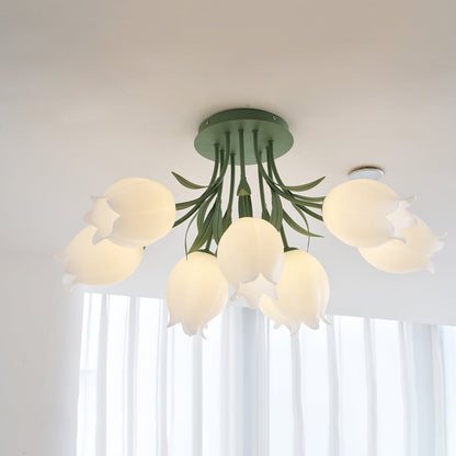 Flush Mount Floral Ceiling Light Fixture with Multi-Head LED Design for Bedroom, Living Room & Bathroom | Green White Acrylic Shades | Dimma