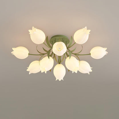Flush Mount Floral Ceiling Light Fixture with Multi-Head LED Design for Bedroom, Living Room & Bathroom | Green White Acrylic Shades | Dimma