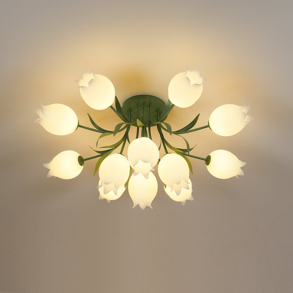 Flush Mount Floral Ceiling Light Fixture with Multi-Head LED Design for Bedroom, Living Room & Bathroom | Green White Acrylic Shades | Dimma