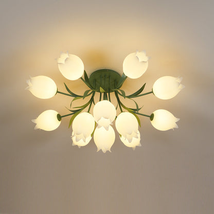 Flush Mount Floral Ceiling Light Fixture with Multi-Head LED Design for Bedroom, Living Room & Bathroom | Green White Acrylic Shades | Dimma