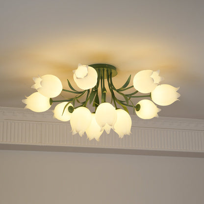 Flush Mount Floral Ceiling Light Fixture with Multi-Head LED Design for Bedroom, Living Room & Bathroom | Green White Acrylic Shades | Dimma