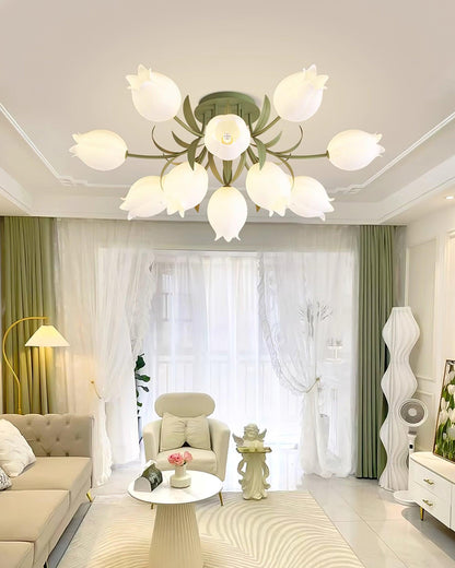 Flush Mount Floral Ceiling Light Fixture with Multi-Head LED Design for Bedroom, Living Room & Bathroom | Green White Acrylic Shades | Dimma