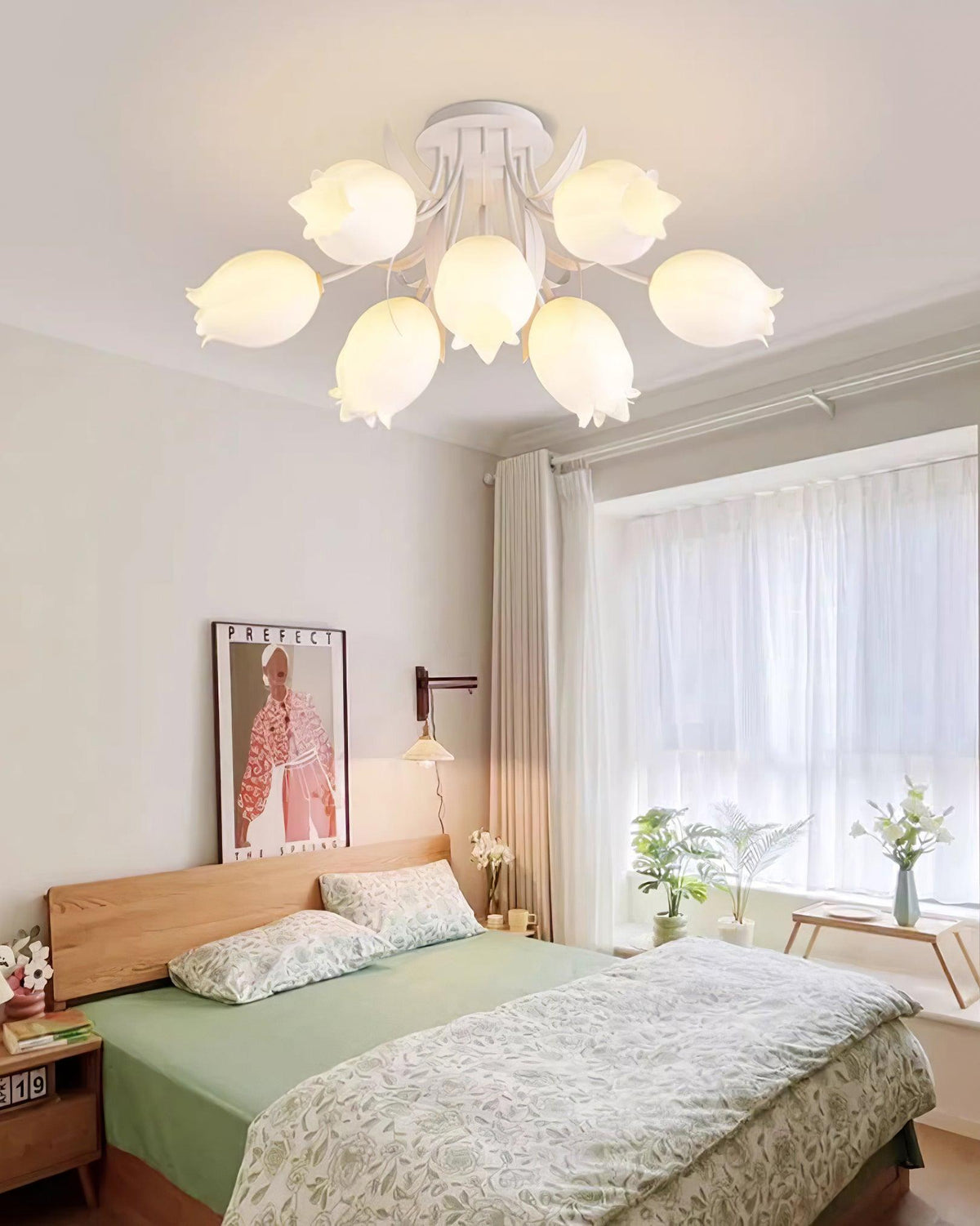 Flush Mount Floral Ceiling Light Fixture with Multi-Head LED Design for Bedroom, Living Room & Bathroom | Green White Acrylic Shades | Dimma