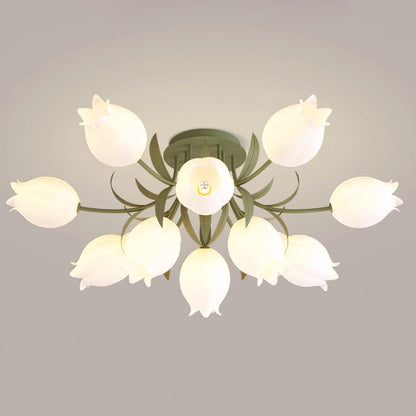 Flush Mount Floral Ceiling Light Fixture with Multi-Head LED Design for Bedroom, Living Room & Bathroom | Green White Acrylic Shades | Dimma