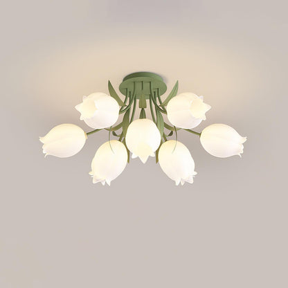Flush Mount Floral Ceiling Light Fixture with Multi-Head LED Design for Bedroom, Living Room & Bathroom | Green White Acrylic Shades | Dimma