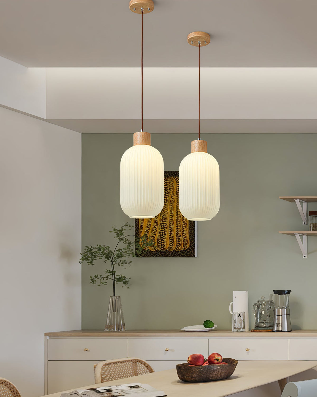 Hanging Ceiling Light with Frosted Shade and Natural Accents for Kitchen Island Dining Room Bedroom | Modern Drop Fixture E26 Socket 110V In
