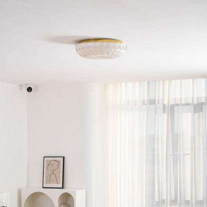 Round Flush Mount LED Ceiling Light Gold Metal Frosted Glass Shade 16 Inch 36W for Bedroom Living Room Kitchen Office Indoor Lighting 3000K