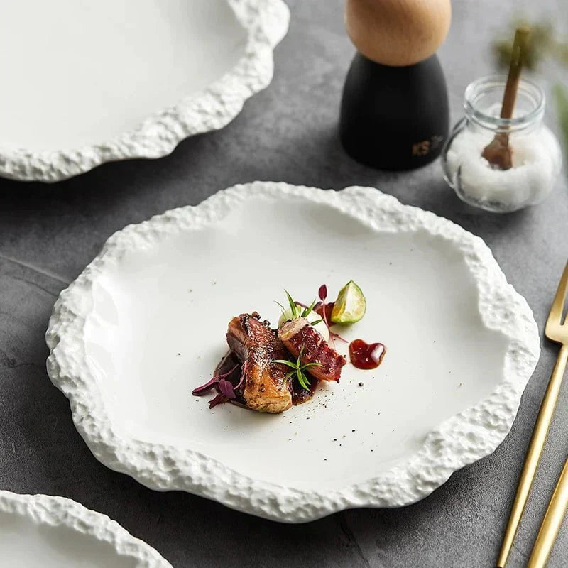 Stoneware Serving Plate 10.5 Inches Round Textured Edge Tabletop Dinnerware Porcelain Dish for Home Kitchen Daily Meals Large Platter Rustic