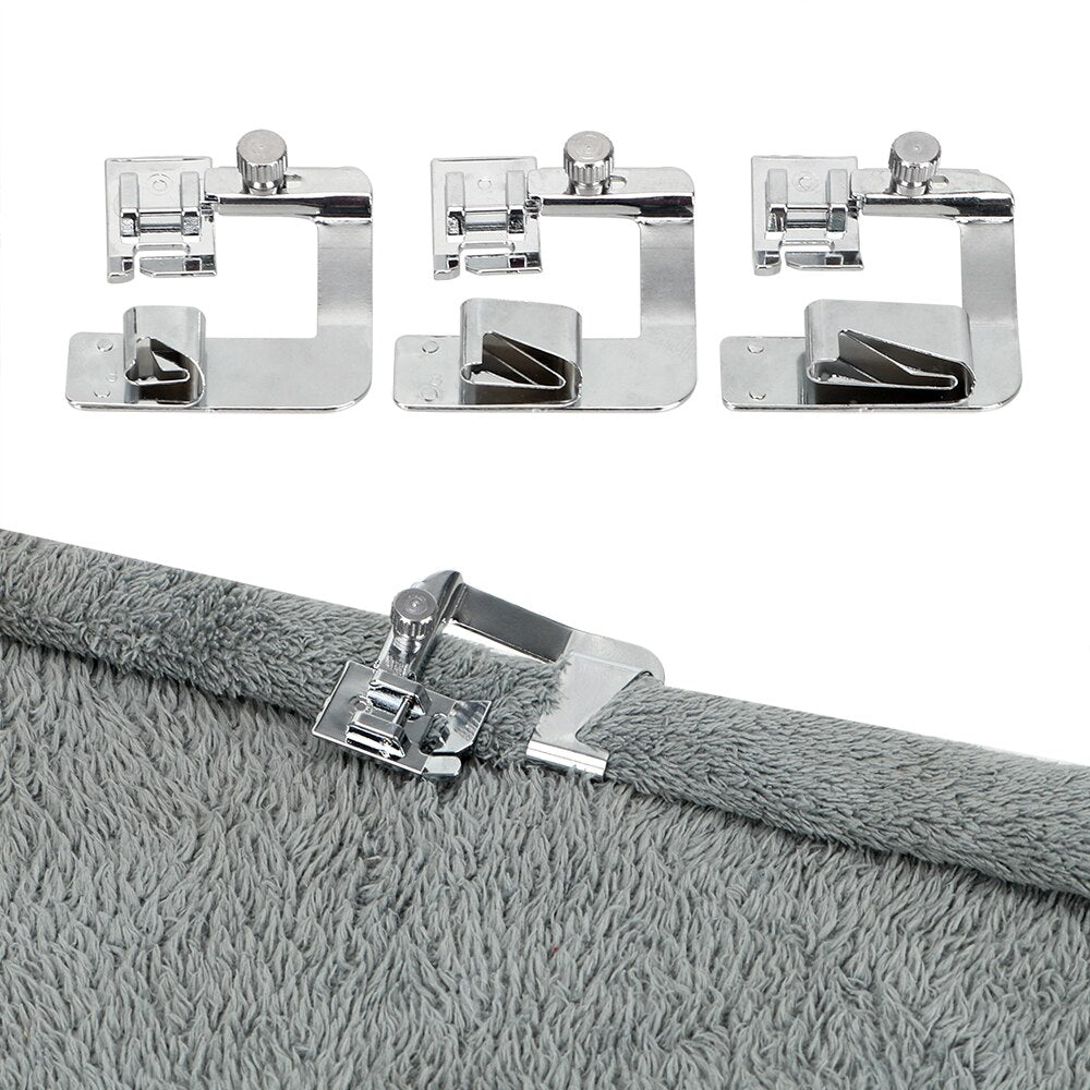 Metal Rolled Hem Foot Set for Sewing Machines – 3 Sizes 0.5", 0.7", 1.0" – Universal Attachment for Clean Edge Finishes on Clothing Curtains
