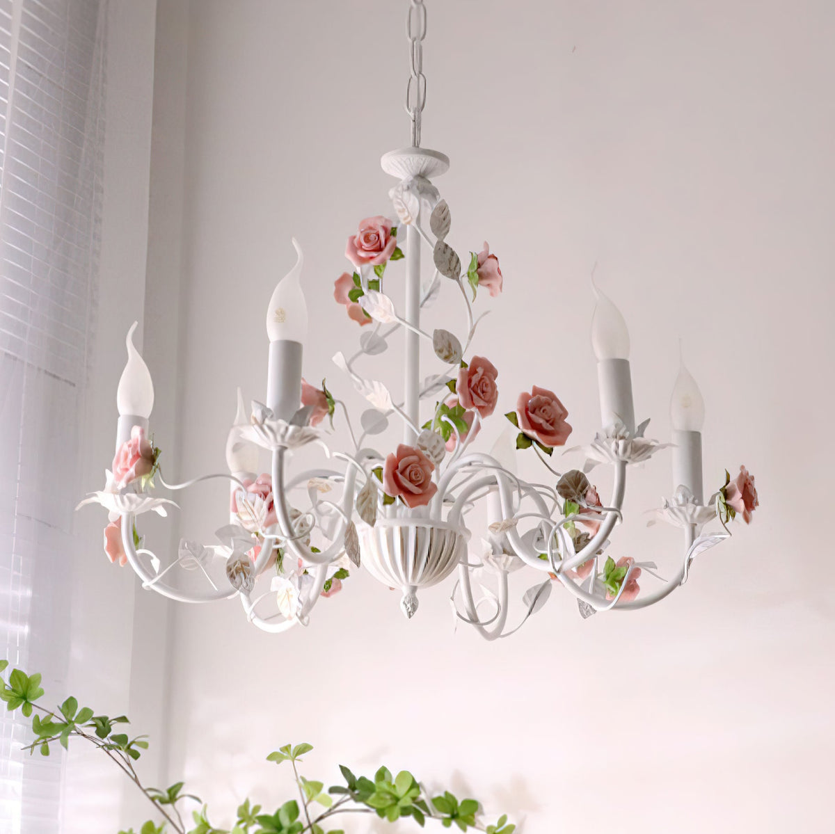 Ceramic Flower Multi-Arm Overhead Light Fixture 30 Inch Pink White Green Metal Frame Adjustable Chain E14 Socket for Dining Room Living Room
