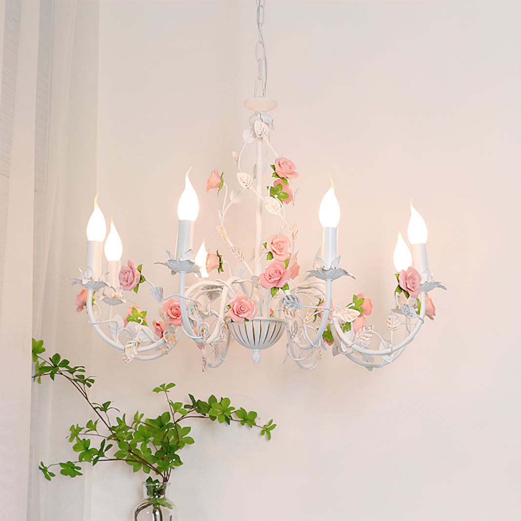 Ceramic Flower Multi-Arm Overhead Light Fixture 30 Inch Pink White Green Metal Frame Adjustable Chain E14 Socket for Dining Room Living Room