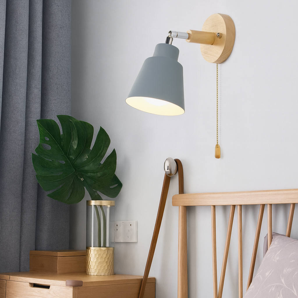 Adjustable Wall-Mount Reading Light Gray Wood Accent Swivel Arm Bedside Sconce E27 Socket for Bedroom Living Room Hallway