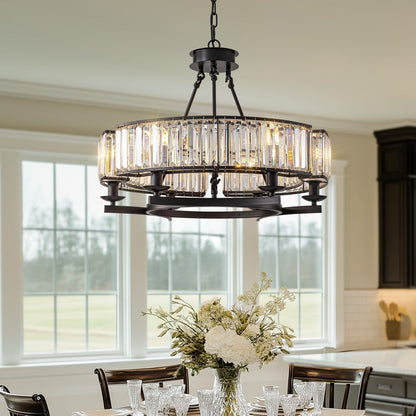 Round Overhead Fixture with Hanging Prisms for Dining Areas, Open-Concept Kitchens & Farmhouse Interiors | Adjustable Height, Wagon Wheel Fr