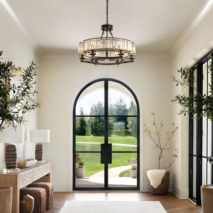 Round Overhead Fixture with Hanging Prisms for Dining Areas, Open-Concept Kitchens & Farmhouse Interiors | Adjustable Height, Wagon Wheel Fr