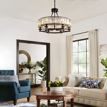 Round Overhead Fixture with Hanging Prisms for Dining Areas, Open-Concept Kitchens & Farmhouse Interiors | Adjustable Height, Wagon Wheel Fr