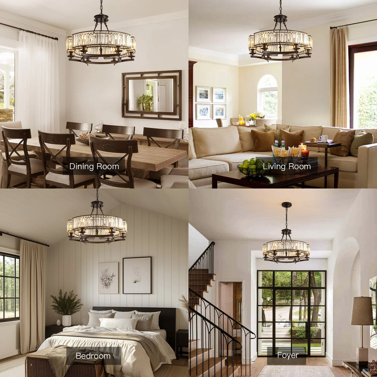 Round Overhead Fixture with Hanging Prisms for Dining Areas, Open-Concept Kitchens & Farmhouse Interiors | Adjustable Height, Wagon Wheel Fr