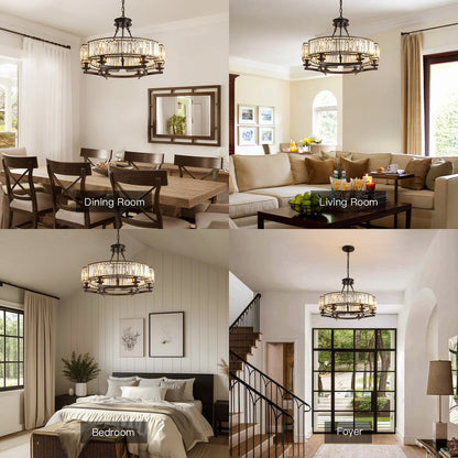 Round Overhead Fixture with Hanging Prisms for Dining Areas, Open-Concept Kitchens & Farmhouse Interiors | Adjustable Height, Wagon Wheel Fr