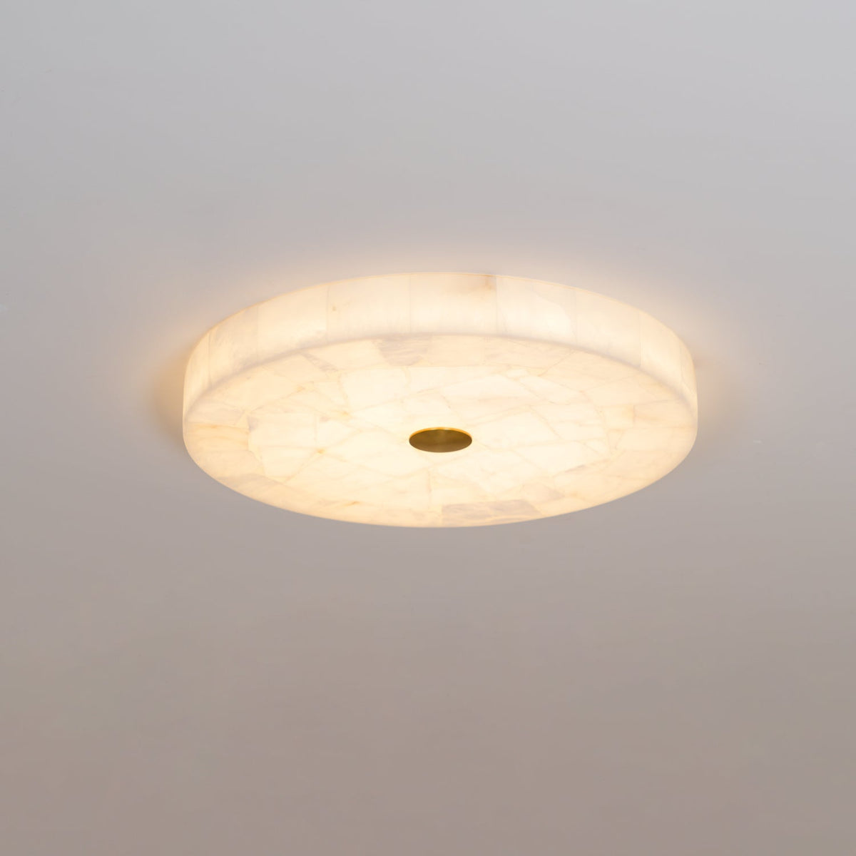 Flush Mount LED Light Fixture Round Alabaster 2 Inch Profile White Gold Adjustable Color Temperature for Bedroom Hallway Entry Modern Low Pr