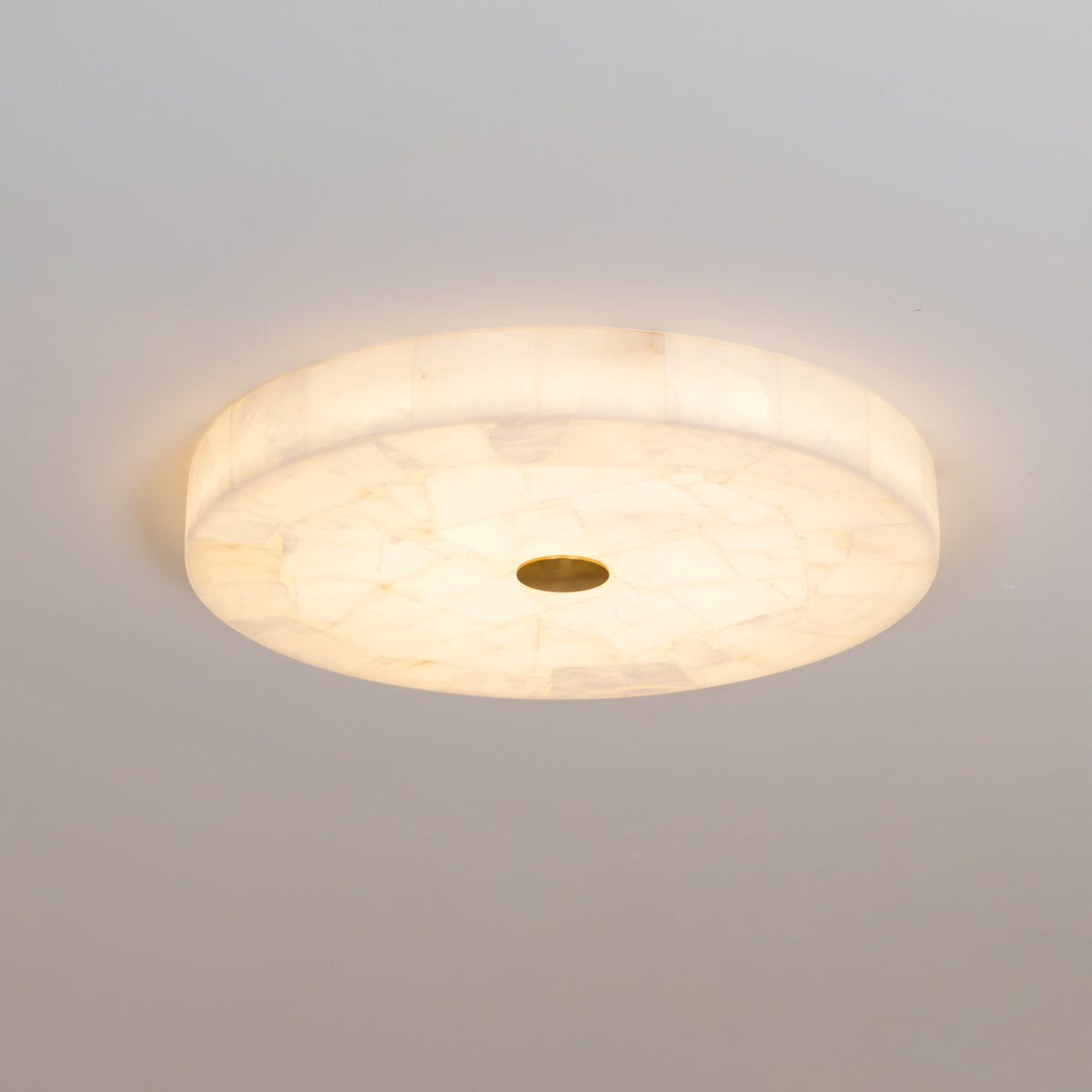 Flush Mount LED Light Fixture Round Alabaster 2 Inch Profile White Gold Adjustable Color Temperature for Bedroom Hallway Entry Modern Low Pr