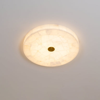 Flush Mount LED Light Fixture Round Alabaster 2 Inch Profile White Gold Adjustable Color Temperature for Bedroom Hallway Entry Modern Low Pr