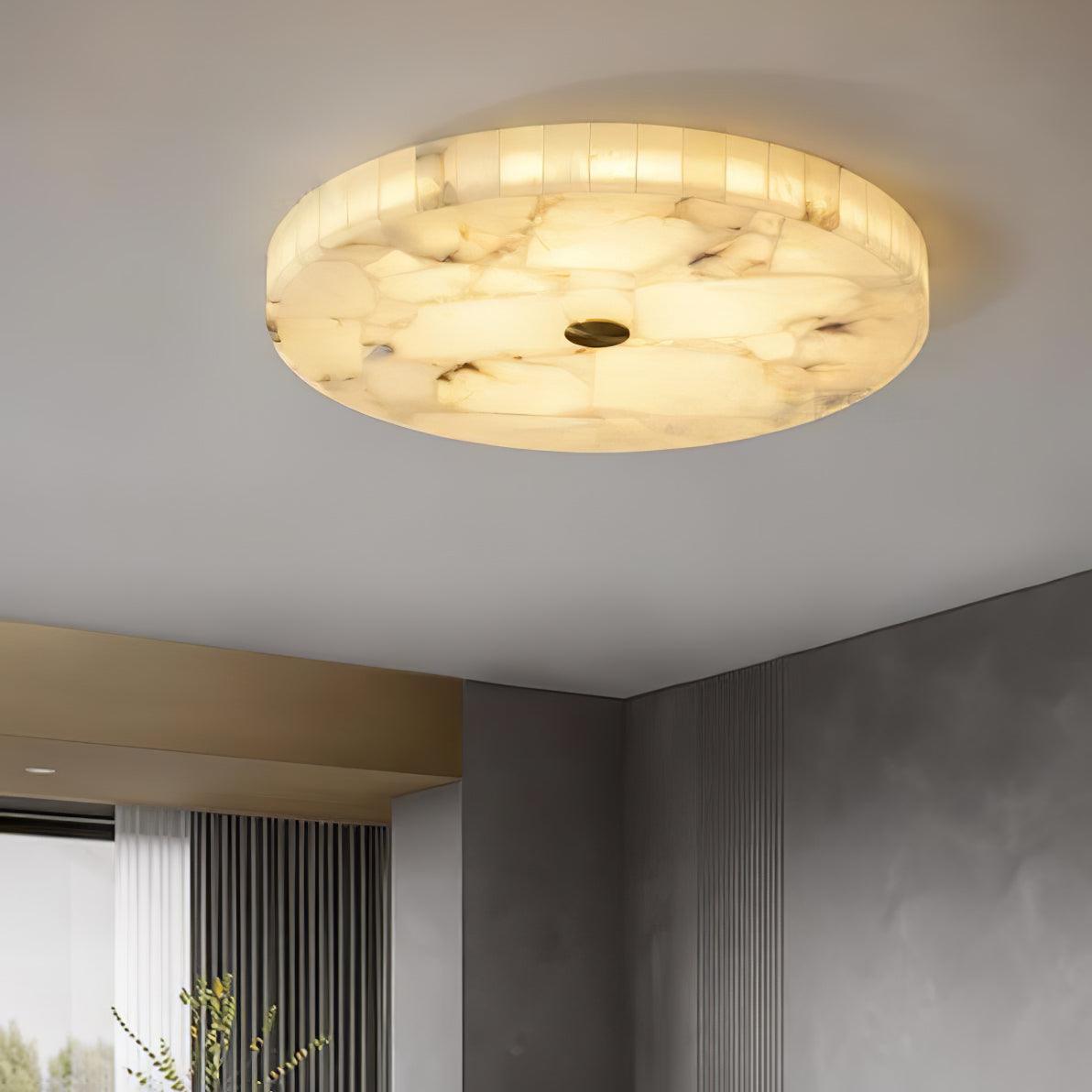 Flush Mount LED Ceiling Light 20 in Round Alabaster Stone Mosaic Pattern for Bedroom Living Room Dining Room Kitchen White Gold Metal Frame