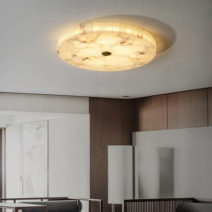 Flush Mount LED Light Fixture Round Alabaster 2 Inch Profile White Gold Adjustable Color Temperature for Bedroom Hallway Entry Modern Low Pr