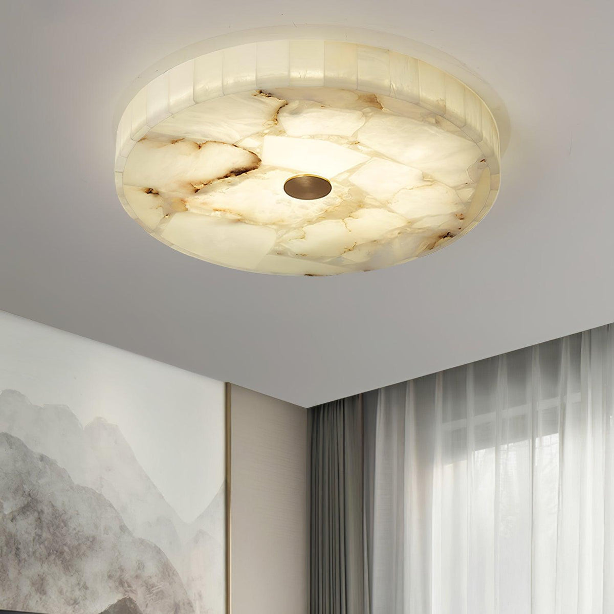 Flush Mount LED Light Fixture Round Alabaster 2 Inch Profile White Gold Adjustable Color Temperature for Bedroom Hallway Entry Modern Low Pr