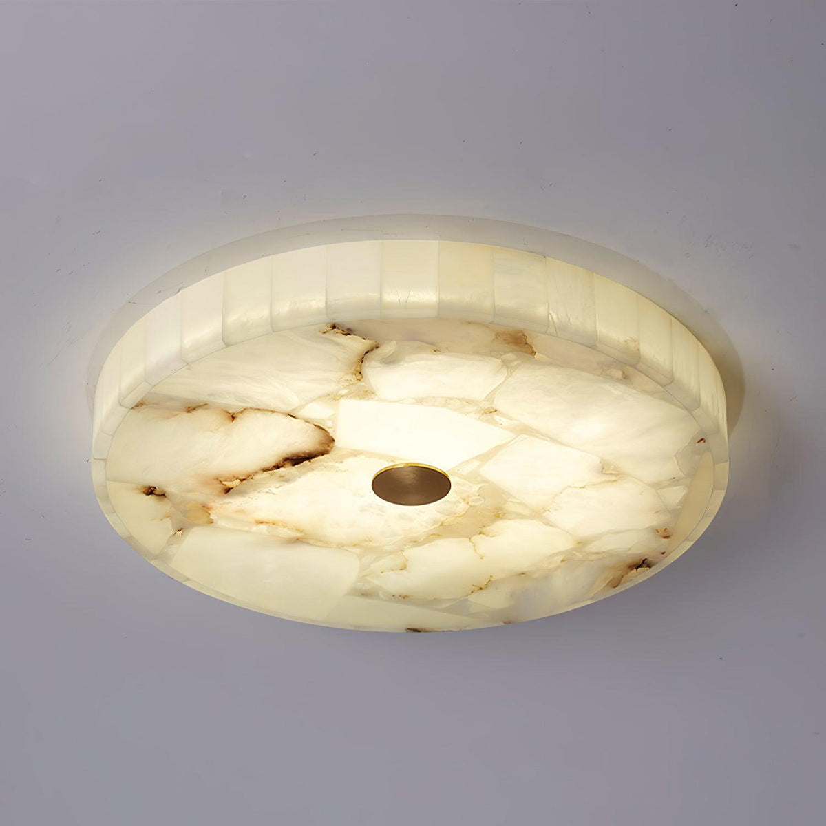 Flush Mount LED Ceiling Light 20 in Round Alabaster Stone Mosaic Pattern for Bedroom Living Room Dining Room Kitchen White Gold Metal Frame