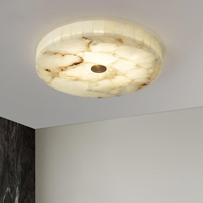 Flush Mount LED Light Fixture Round Alabaster 2 Inch Profile White Gold Adjustable Color Temperature for Bedroom Hallway Entry Modern Low Pr
