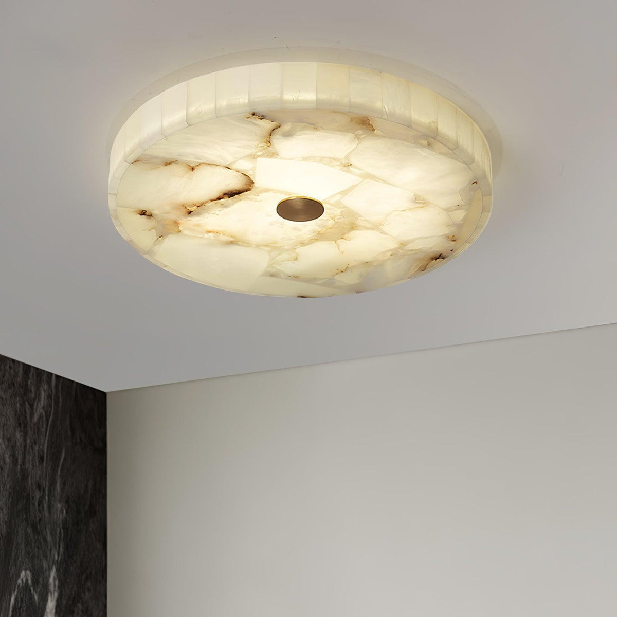 Ultra-Slim LED Flush Mount Light Fixture 2 in Profile Alabaster Dome Gold Accent Adjustable Color Temperature for Bedroom Living Room Entryw