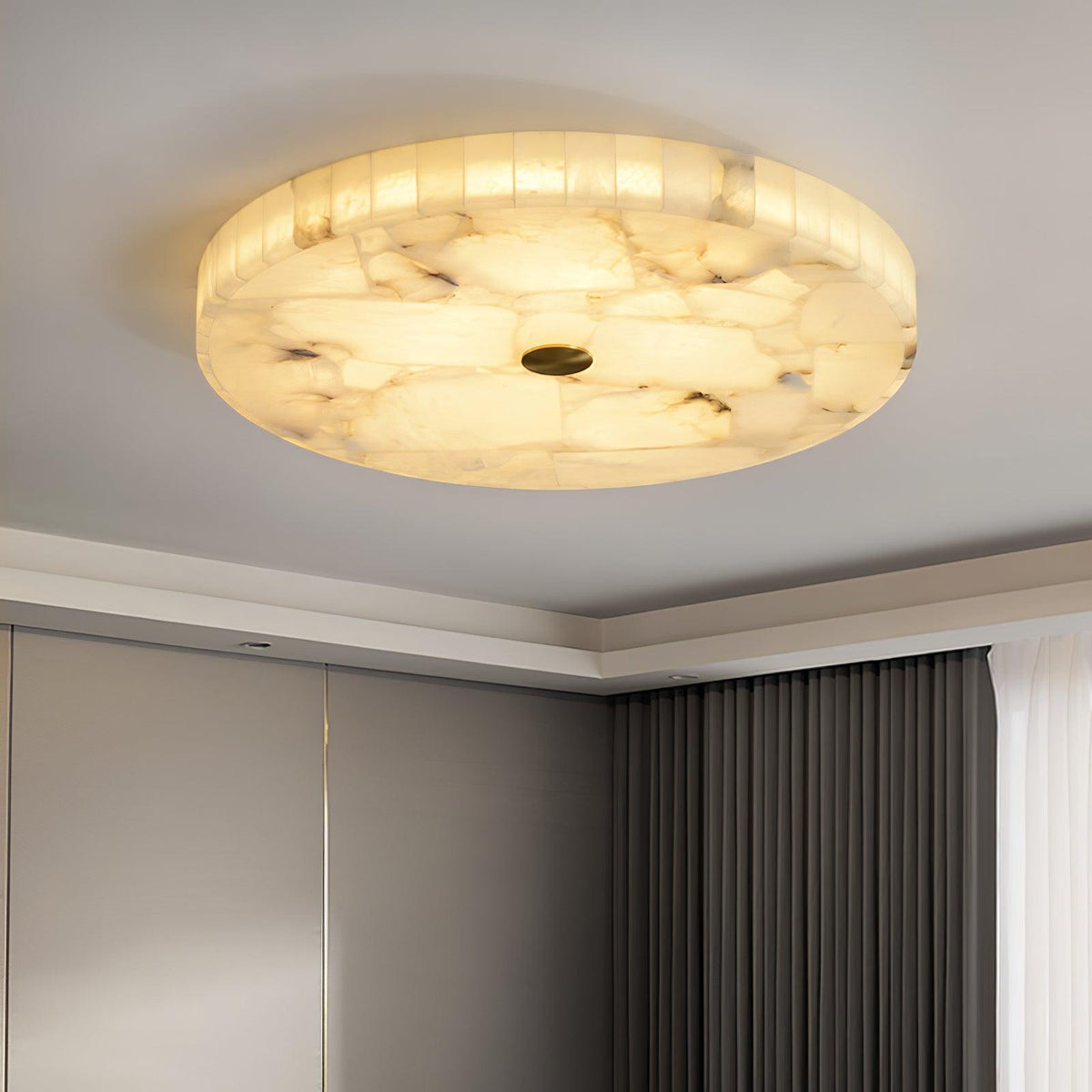 Flush Mount LED Ceiling Light 20 in Round Alabaster Stone Mosaic Pattern for Bedroom Living Room Dining Room Kitchen White Gold Metal Frame