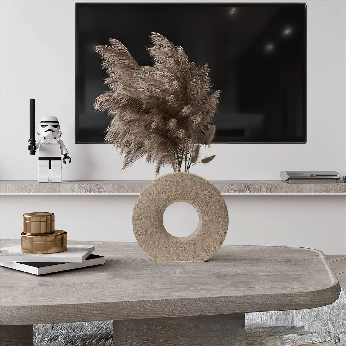 Round Ceramic Donut Flower Vase with Matte Finish for Modern Minimalist Home Decor