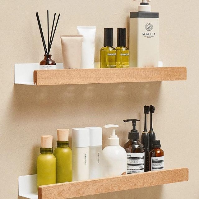 Rustic Bathroom Shelf - Solid Wood Storage Rack with Easy Drill-Free Installation, Water Resistant Design for Stylish Organization