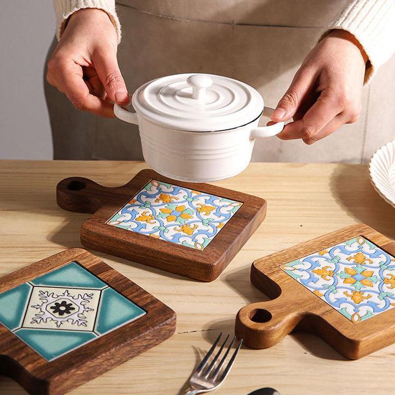 Rustic Ceramic Coaster with Solid Wood Base – Stylish Heat Resistant Drink Protector